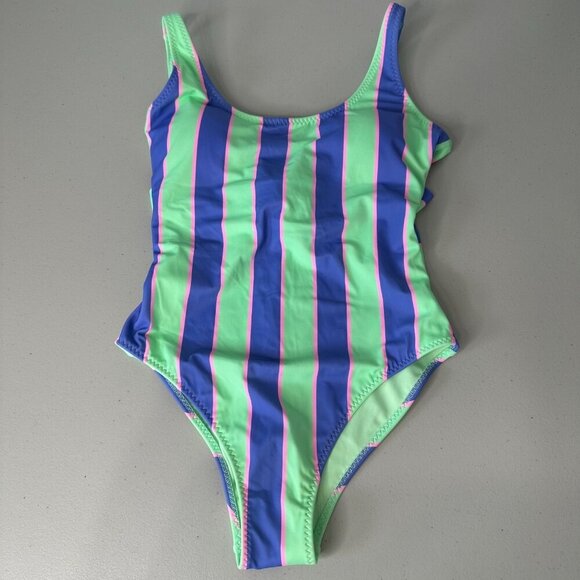 Fabletics Scoop Tie Back One Piece Swimsuit Small Stripe Green Purple - Picture 1 of 11